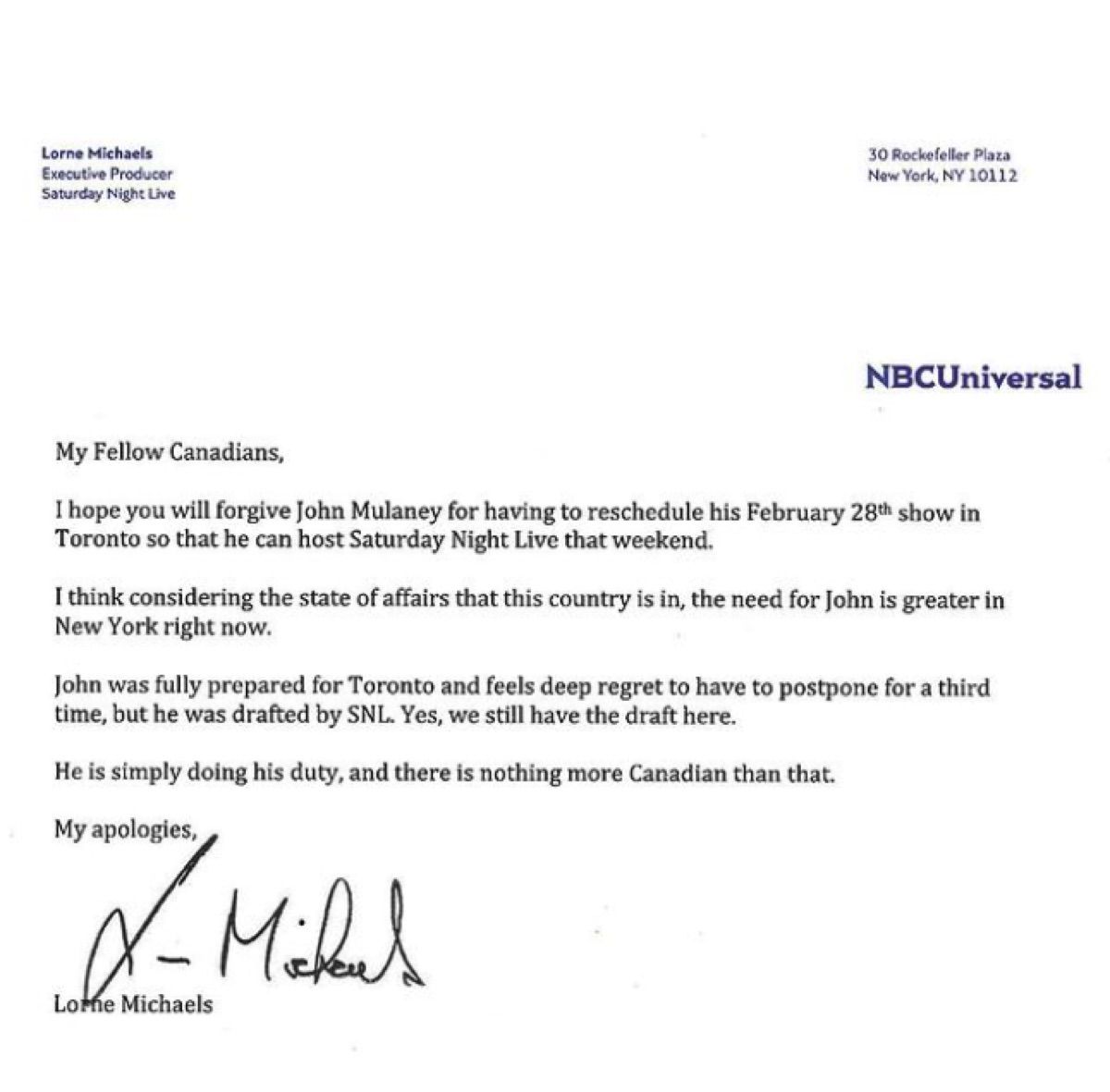 John Mulaney Brief von Lorne Michaels