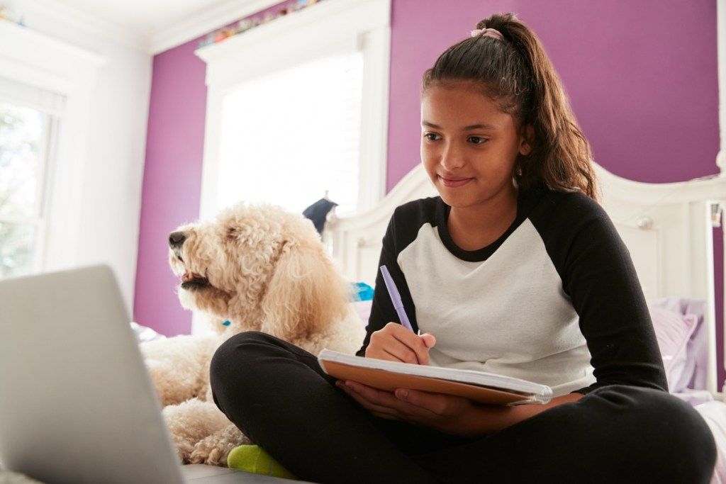 วัยรุ่นทำการบ้านกับสุนัขแสนน่ารักของเธอบนแล็ปท็อปวิธีกลับไปโรงเรียนนั้นแตกต่างกัน