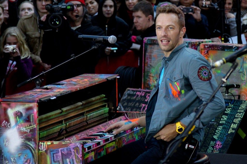 Coldplay spelar på scenen, strömmande band