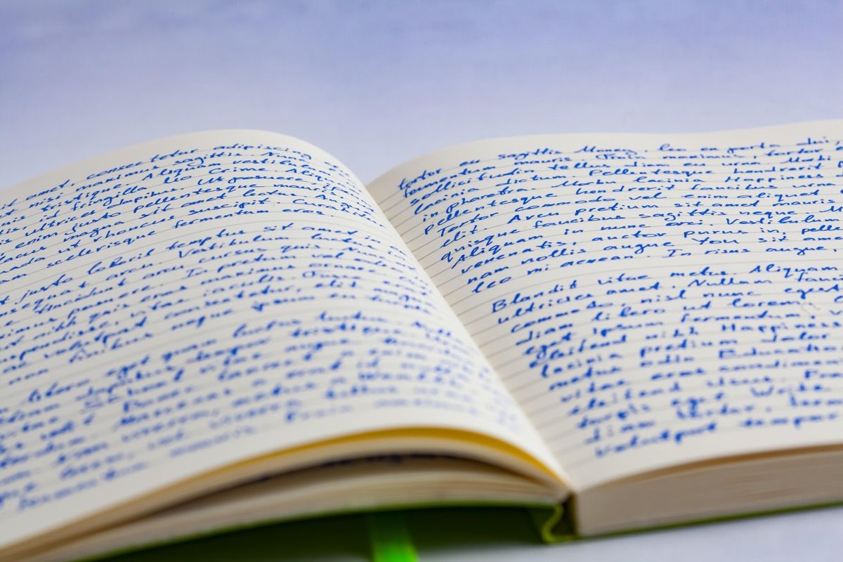 Užrašų knygelės ranka užrašai, rodantys puikų rašyseną