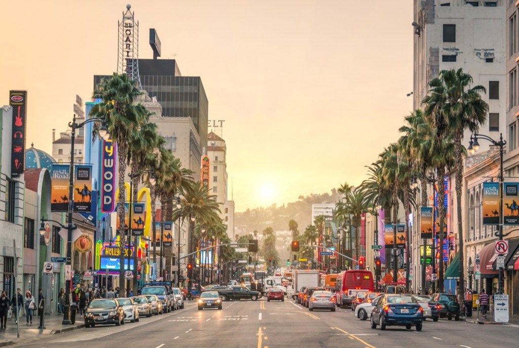 saulėlydžio juosta Holivude Kalifornijoje, saulėlydžio bulvaras Los Andžele, dažniausiai gatvių pavadinimai