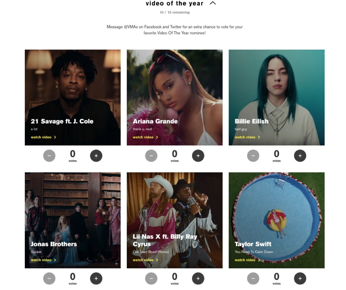 Posnetek zaslona spletnega mesta z glasovanjem za MTV VMA 2019 za Video leta