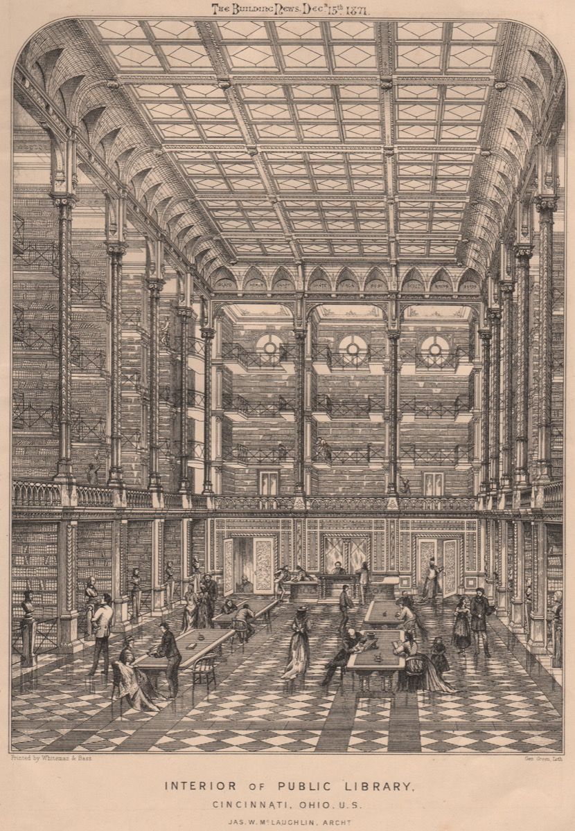 Biblioteca pública GJCJNN, Cincinnati, Ohio, EE. UU. Jas. W. Mc. Laughlin Architect, 1871. Imagen tomada en 1871. Se desconoce la fecha exacta.