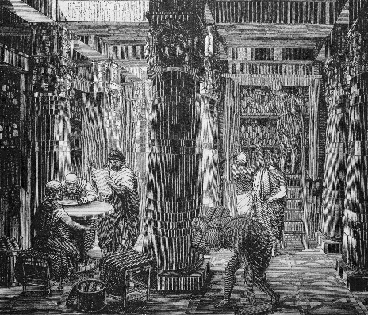 D771KB En la biblioteca de Alejandría, Egipto, xilografía histórica, circa 1870