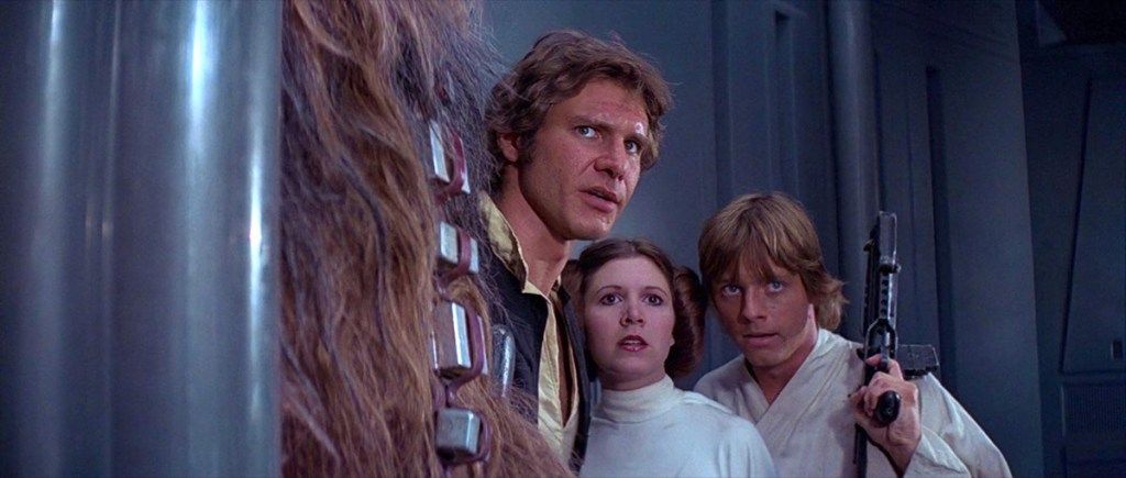 Harrison Ford, Carrie Fisher og Mark Hamill i Star Wars (1977)