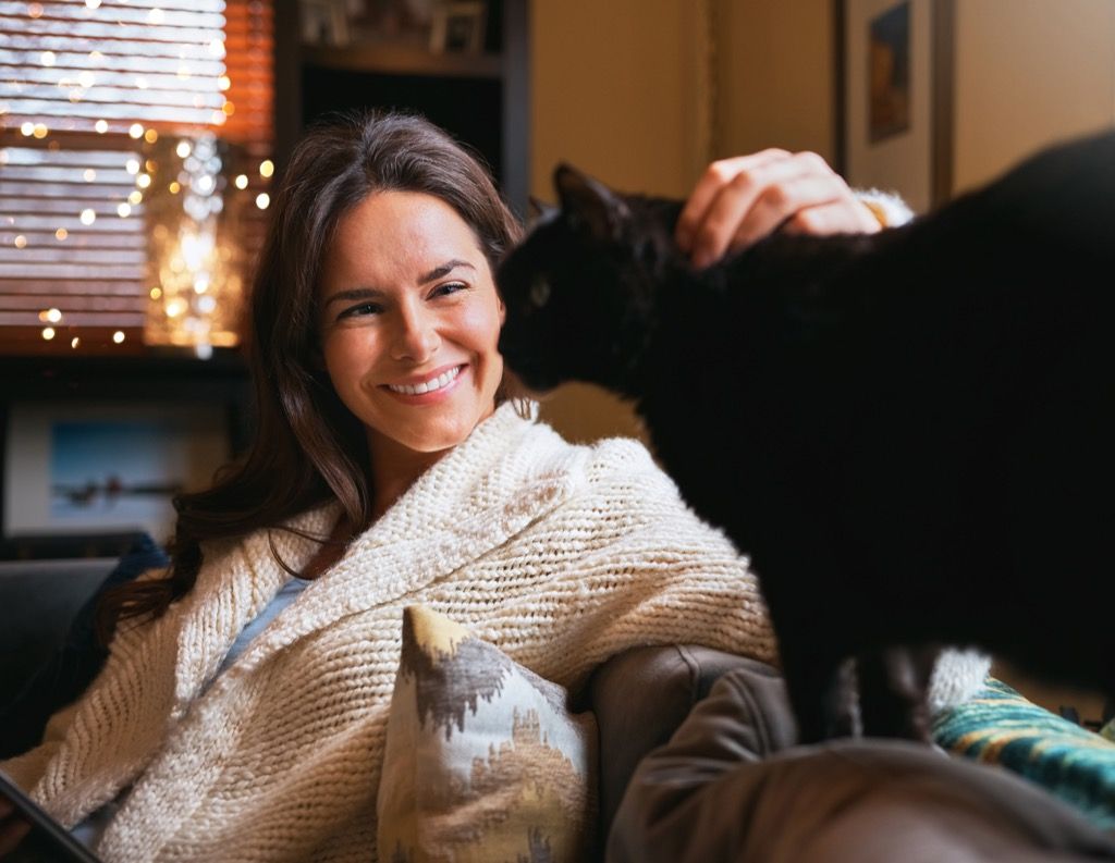 Laukaus houkuttelevasta nuoresta naisesta, joka rentoutuu kotona sohvalla ja tarttuu kissaansa