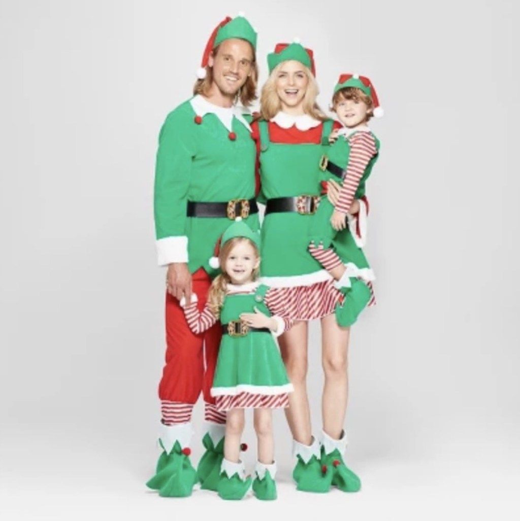 familie în costume de elfi de vacanță, costume de familie de Halloween