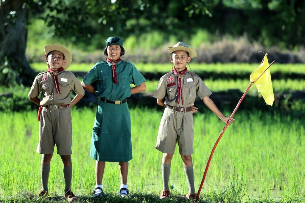 Kolme partiolaista poikaa ja tyttö seisoo viljapellolla - Kuva