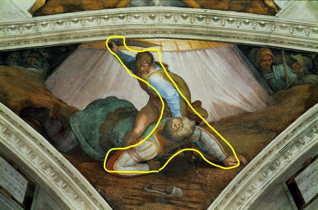 P100C6 Sikstuksen kappelin katto freskot kunnostuksen jälkeen. Daavid ja Goljat. Kirjoittaja: Michelangelo (1475-1564). Sijainti: Sikstuksen kappeli, Vatikaani, Vatikaani.