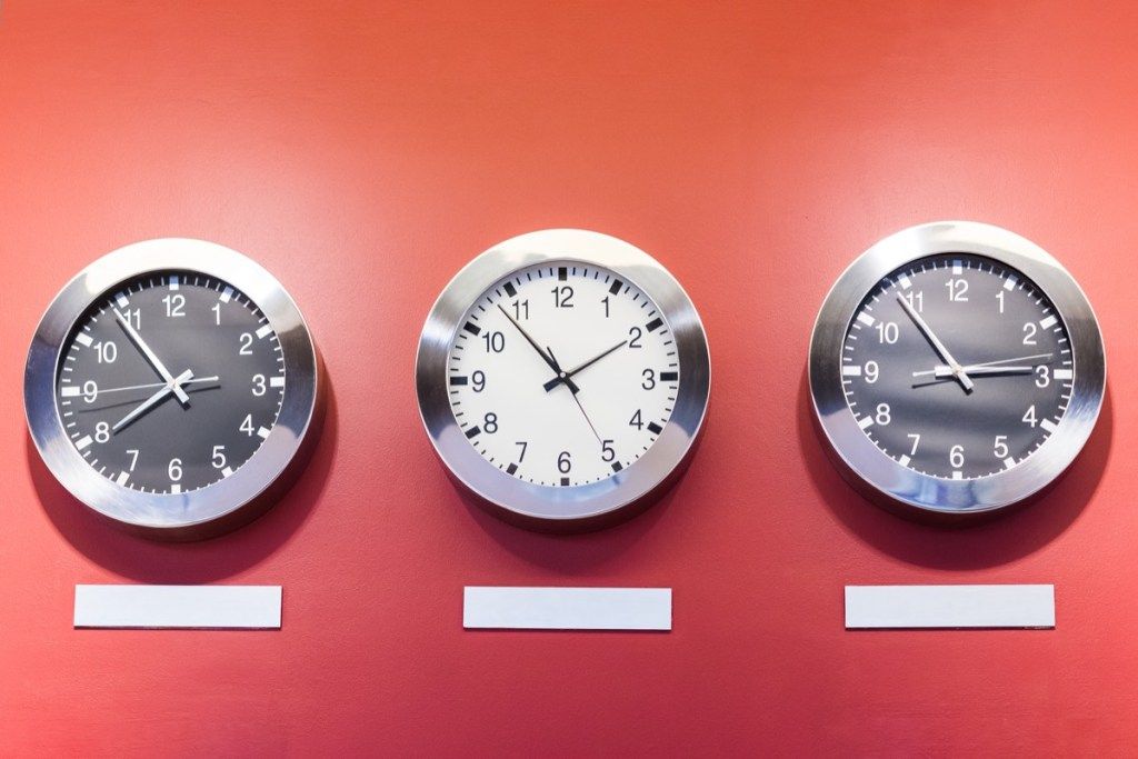 3 skirtingi laikrodžiai, rodantys laiko juostą