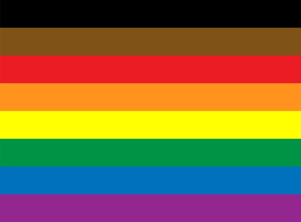 vaivorykštės pasididžiavimo vėliava juodomis ir rudomis juostomis