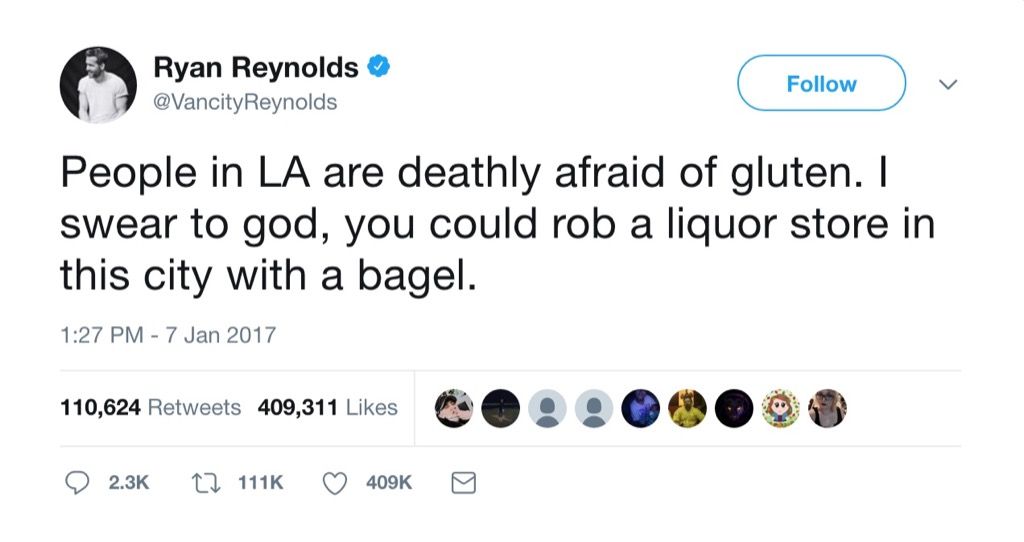 Ryan Reynolds 재미있는 트윗 글루텐