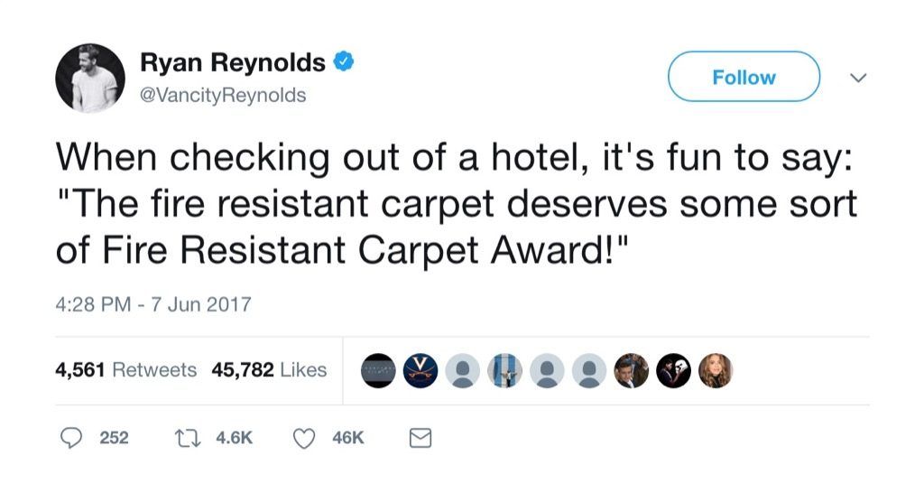 Nakakatawang tweet ng karpet si Ryan Reynolds