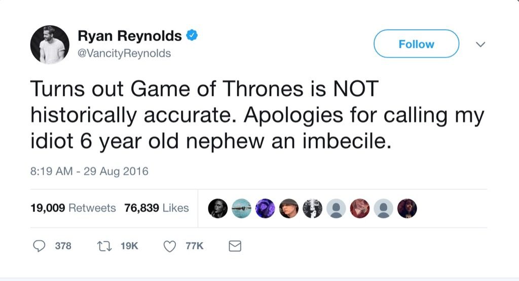 रयान रेनॉल्ड्स मजेदार ट्वीट गेम ऑफ थ्रोन्स