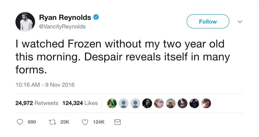 Ryan Reynolds vtipný tweet Frozen