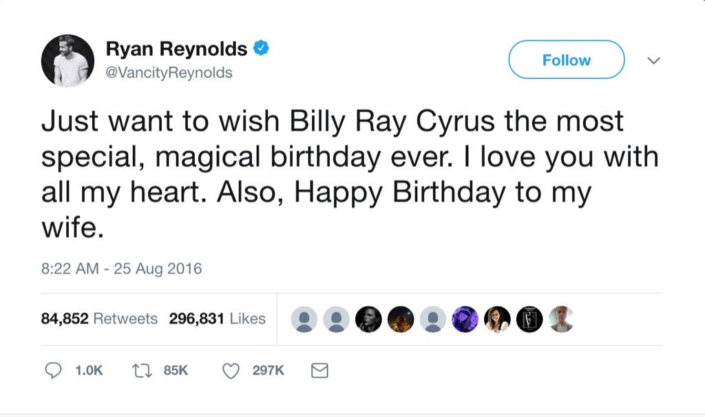 Ryan Reynolds smieklīgs čivināt Billy Ray Cyrus