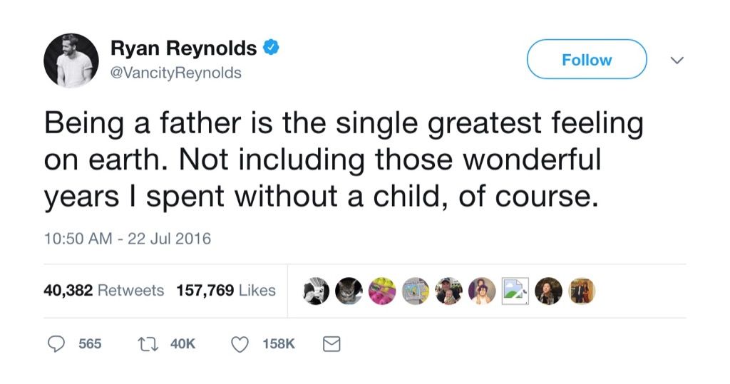 Ryan Reynolds vtipný rodičovský tweet