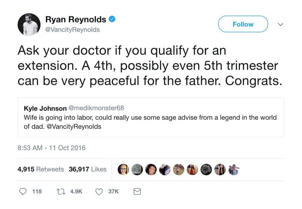 Забавный твит Райана Рейнольдса за 5-й триместр