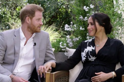   Harry y Meghan se dan la mano mientras hablan de la Reina durante la entrevista de Oprah en CBS el 7 de marzo.