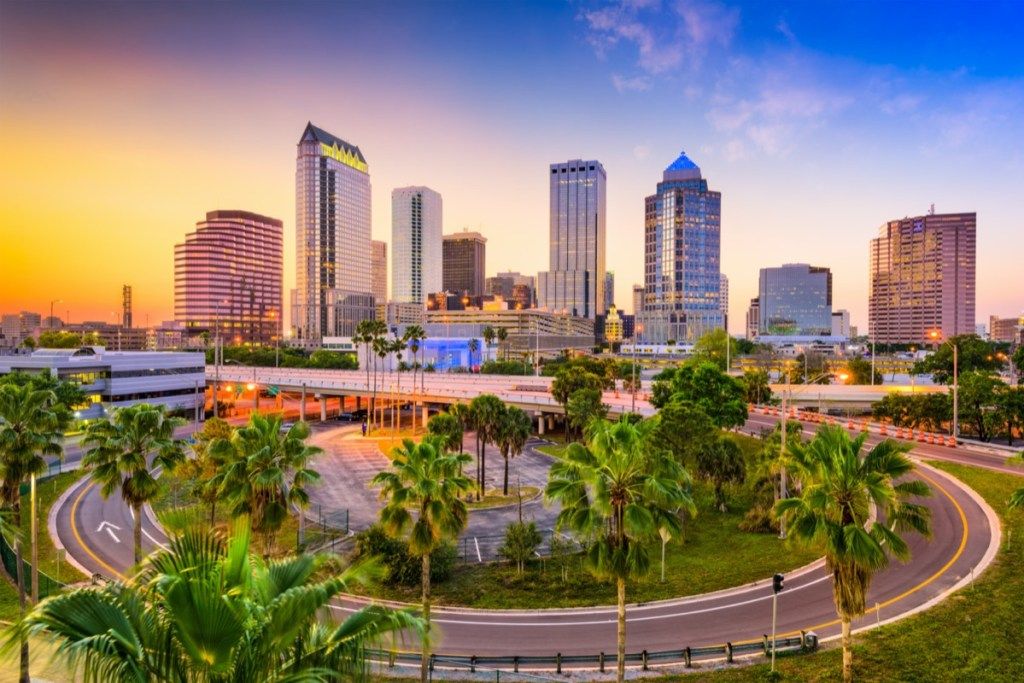 foto pemandangan kota dari sebuah bundaran dan bangunan di Tampa, Florida saat matahari terbenam