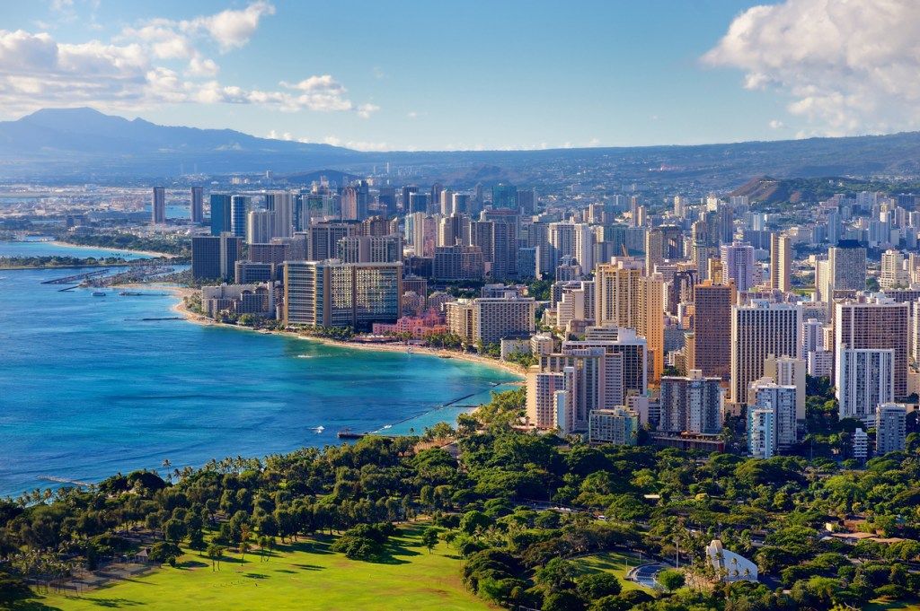 Honolulu, Oahu, Havajai, panorama saulėtą dieną