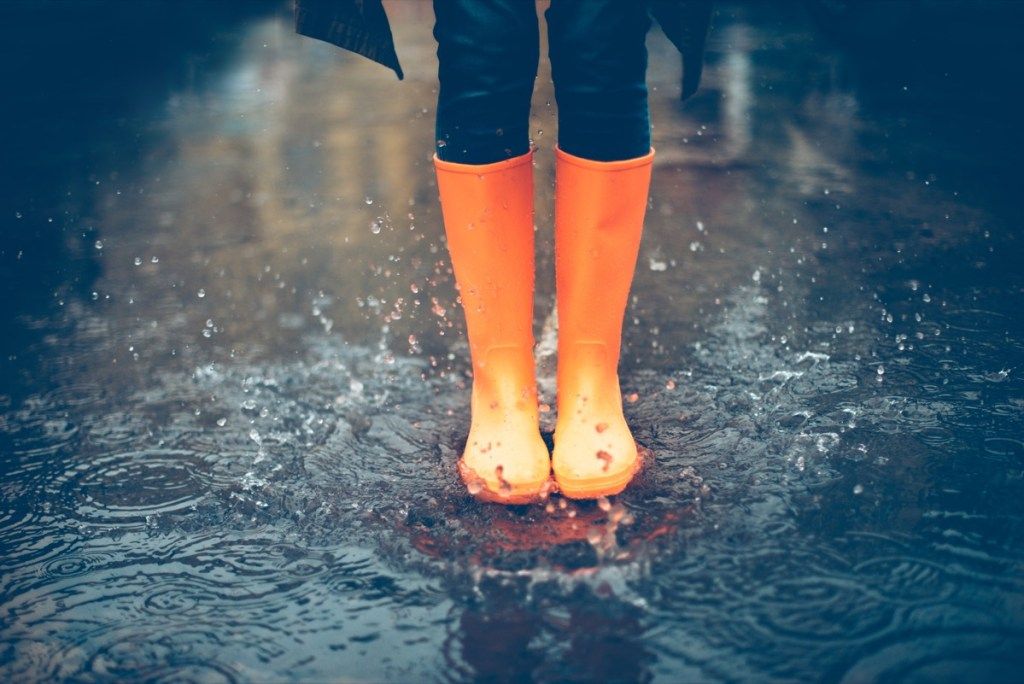 एक पोखर में बारिश के जूते