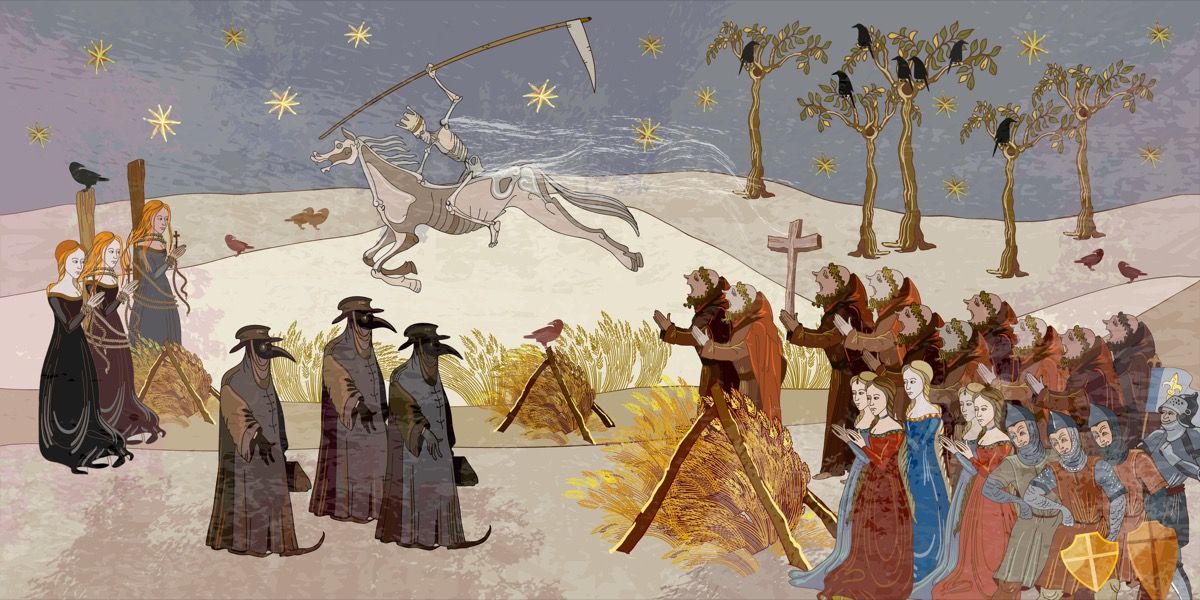 illustration av svartdödepidemin med pestläkare och kvinnor som brändes på bålet