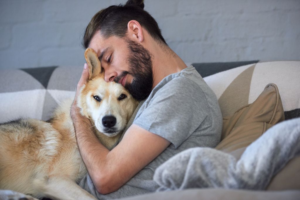 người đàn ông trên giường ôm con chó của mình