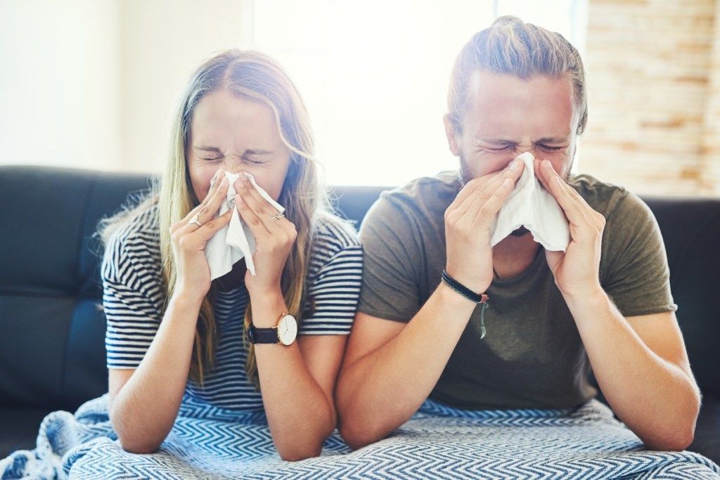 Foto seorang pria dan wanita muda yang meniup hidung mereka dengan tisu di rumah