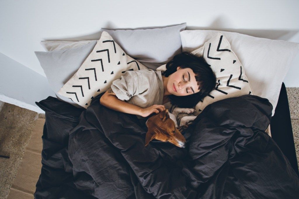 Moteris guli po antklode su savo šunimi
