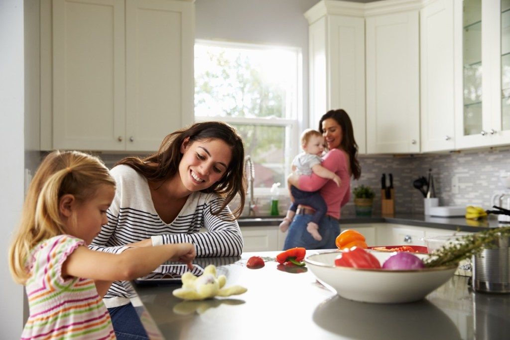 unge hvite lesbiske par på kjøkken med barn