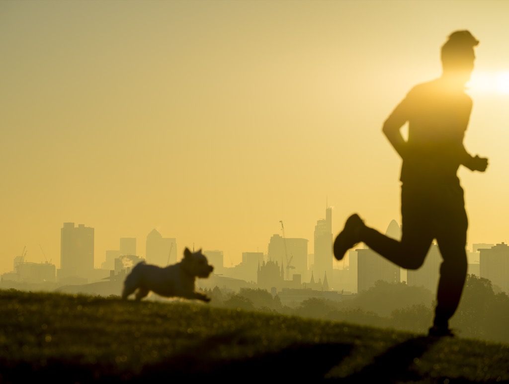 vīrietis skrien ārā ar suni saullēktā, paraksta, ka tavs vīrs krāpj