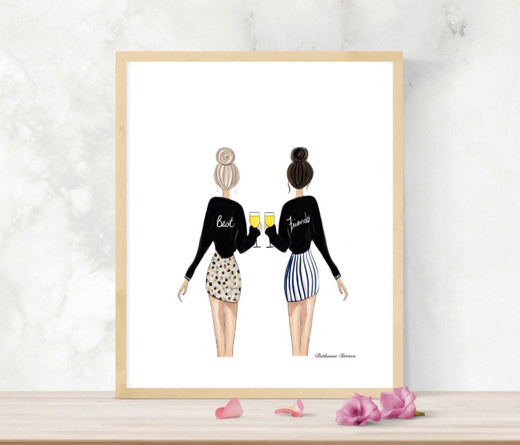 ilustracija dveh žensk, ki stojita ena ob drugi, darila za najboljše prijateljice