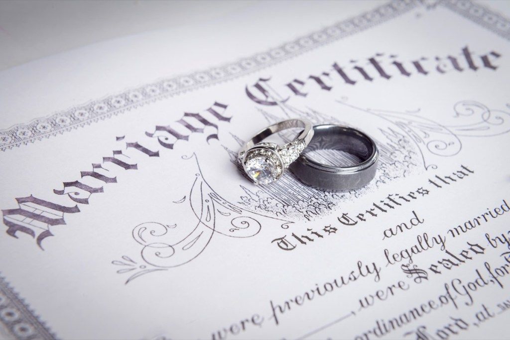 certificat de mariage sur la table avec anneaux