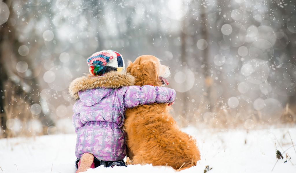 छोटी लड़की सर्दियों में कुत्ते को गले लगाती है, कौशल माता-पिता को बच्चों को सिखाना चाहिए