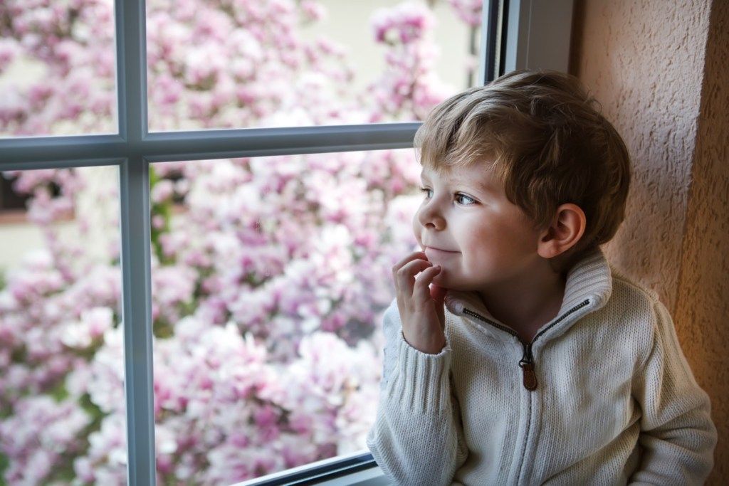 เด็กชายผิวขาวตัวเล็ก ๆ มองออกไปนอกหน้าต่าง