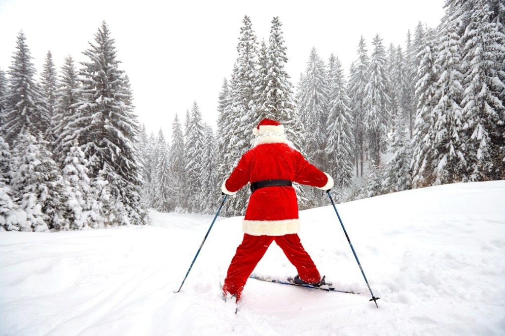 Лице в костюм на Дядо Коледа, карайки ски през вечнозелени дървета