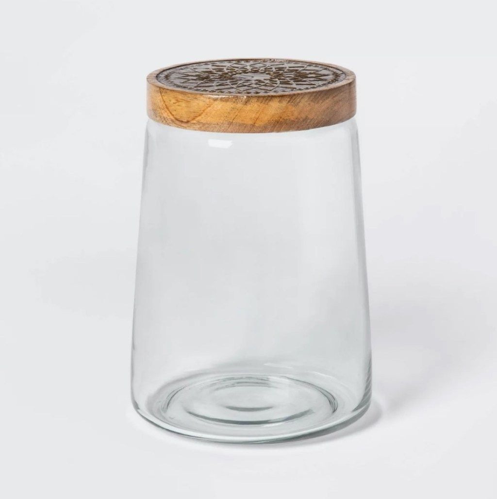 jarra de armazenamento de vidro com tampa de madeira