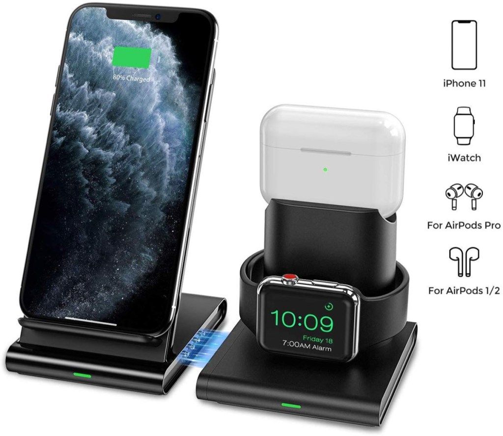 estación de carga de escritorio con iphone airpods y apple watch