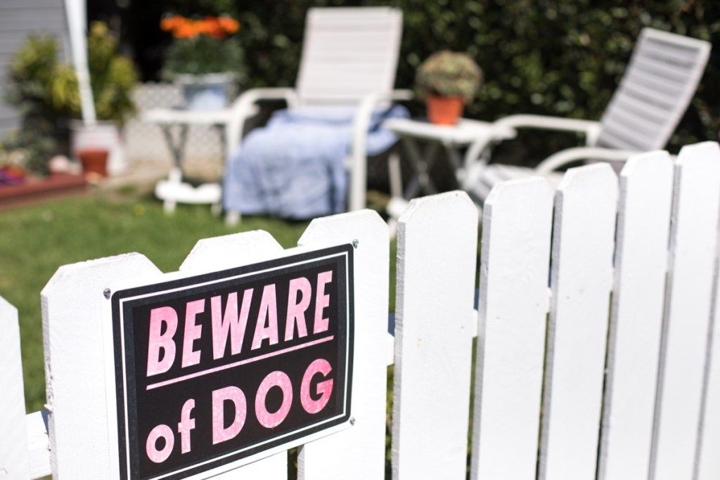 היזהר משלט כלב על גדר כלונסאות לבנה