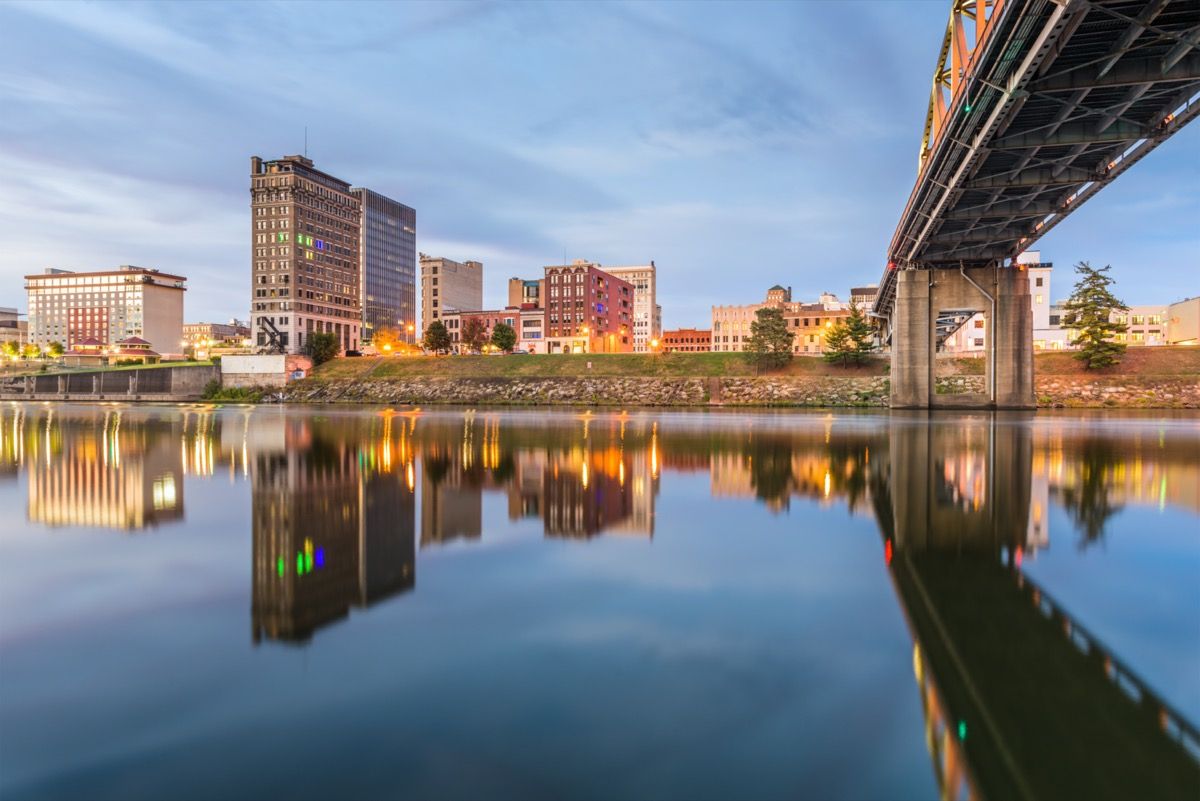 เส้นขอบฟ้าของเมืองมีสะพานอาคารและแม่น้ำ Kanawha ในชาร์ลสตันเวสต์เวอร์จิเนีย