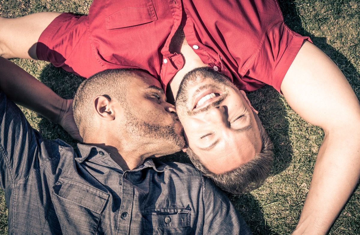 Multikulturni homoseksualni par koji se polaže u poljubac trave u provjeru
