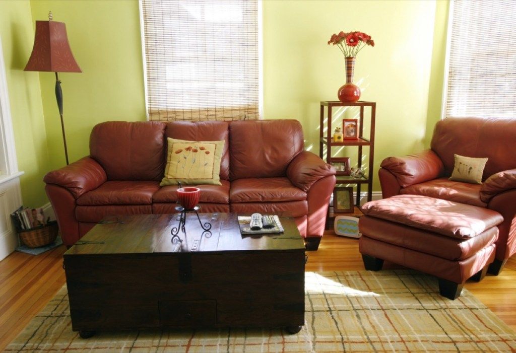 रहने वाले कमरे में चमड़े के सोफे और कुर्सी, इंटीरियर डिजाइन की गलतियाँ