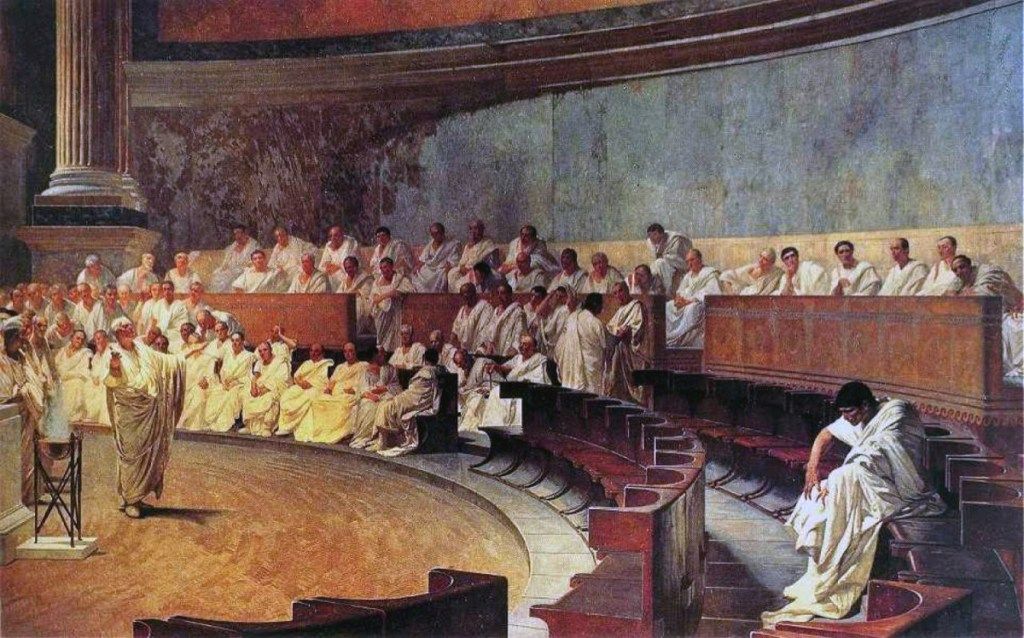 prikazuje drevni rimski senat s ciceronom i katilinom, drevne rimske činjenice