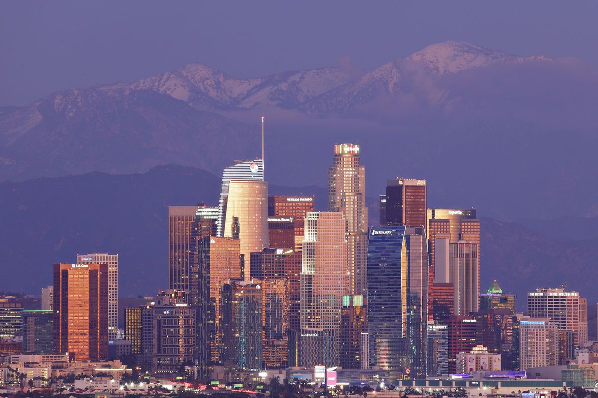 A skyline, Los Angeles, Kalifornia, naplementekor.