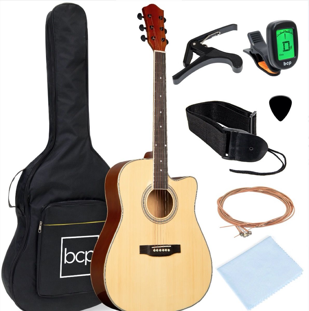 kit chitarra con capotasto, accordatore, corde e custodia