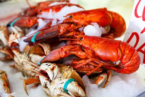   Čerstvé živé homáre a kraby, morské plody na ľade na predaj v predajniach rýb