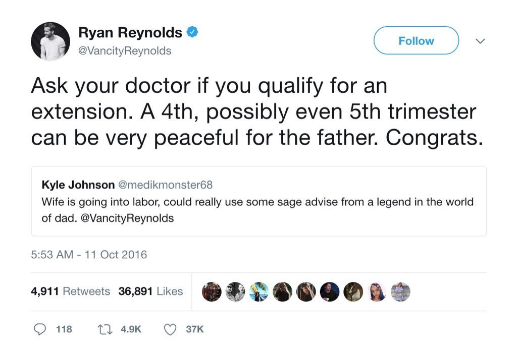Ryan Reynolds ทวีตการเลี้ยงดูที่สนุกที่สุด