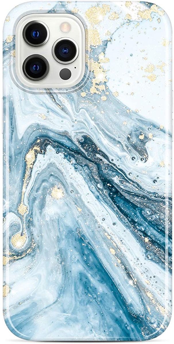 blå marmorinspireret iphone-taske med guldflekter