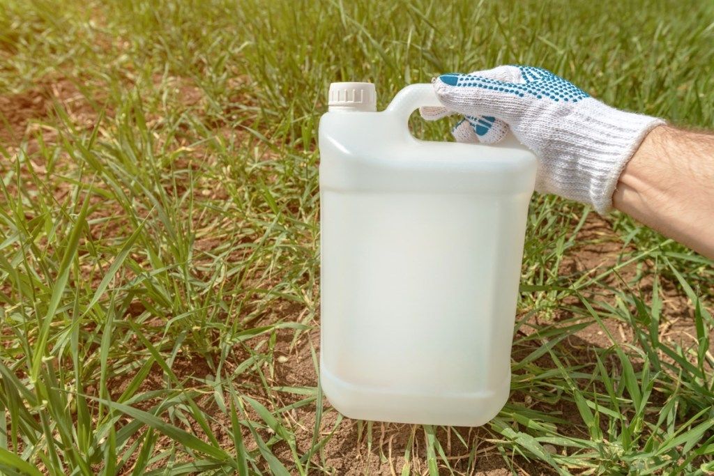 Homme blanc tenant un récipient de pesticide blanc sur pelouse